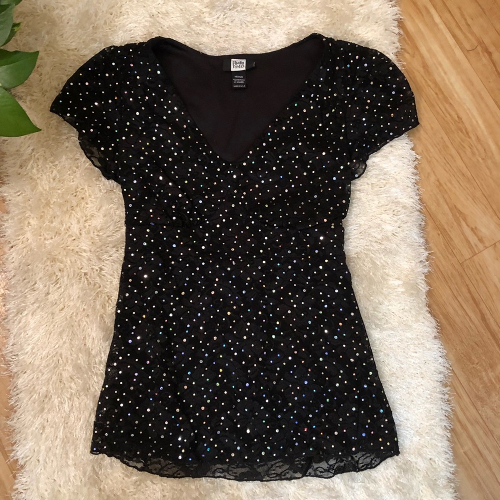 Black and Sparkle Lace V-neck Blouse